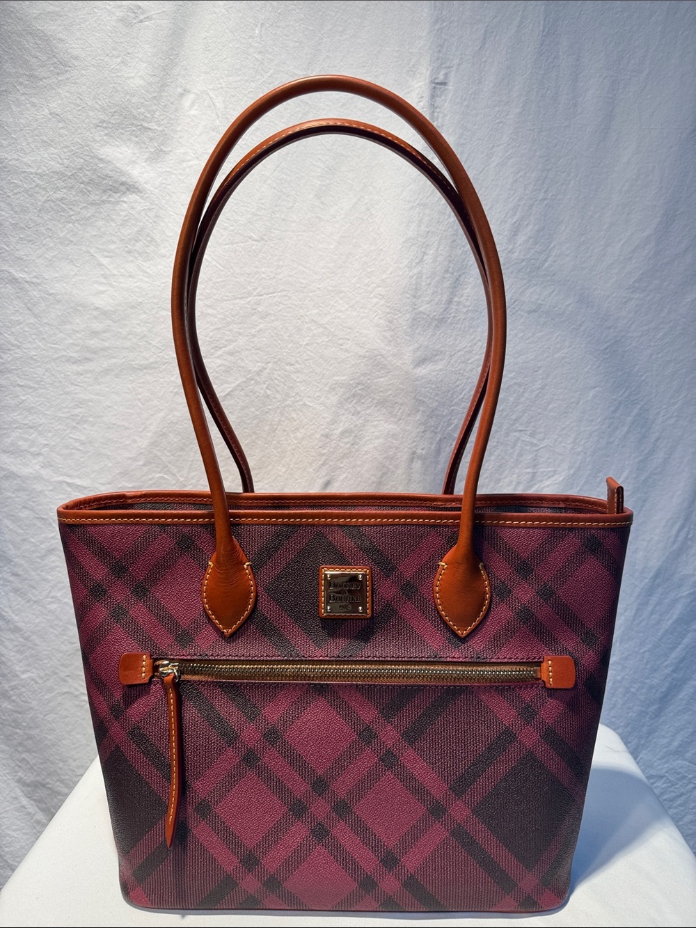Dooney & Bourke Burgundy Plaid Tote with Tan Leather Handles